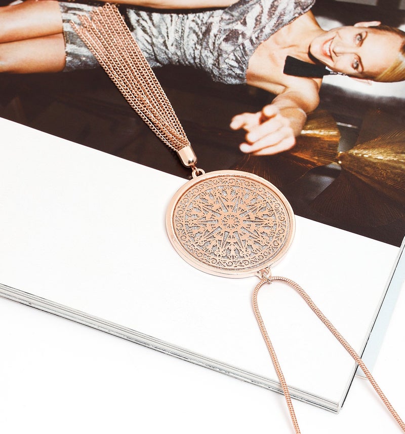 MOLOCH Long Necklaces For Woman Disk Circle Pendant Necklaces Tassel Fringe Necklace Set Statement Pendant (rose gold) - Image 5